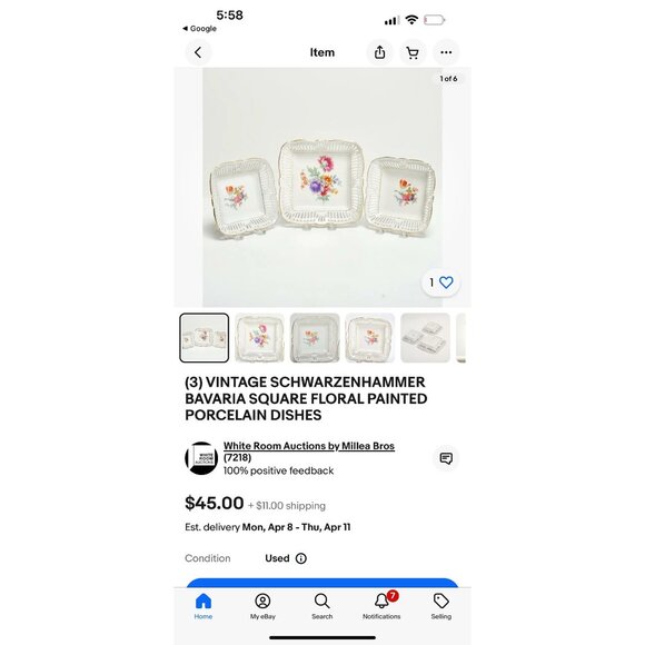 Vintage Schwarzenhammer Bavaria Square Floral Painted Porcelain Dishes Reticulat - Picture 3 of 3